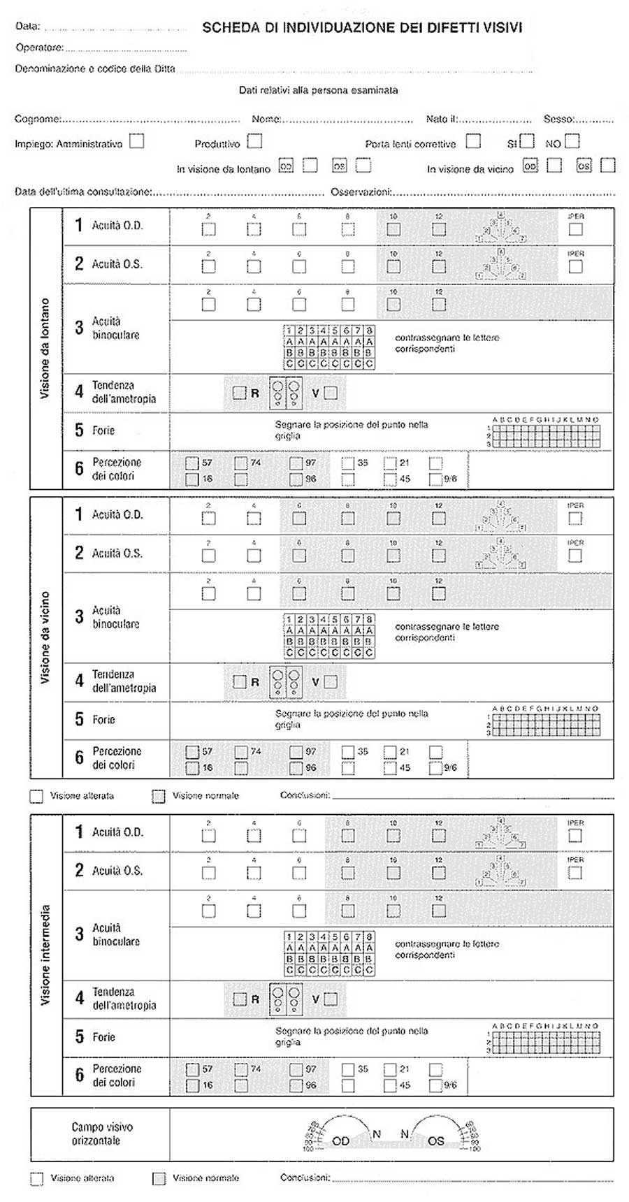 scheda individuazione difetti visivi visiotest