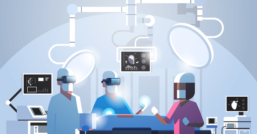 surgeons medical team wearing virtual reality holographic hololens glasses operating patient high tech operation room horizontal portrait