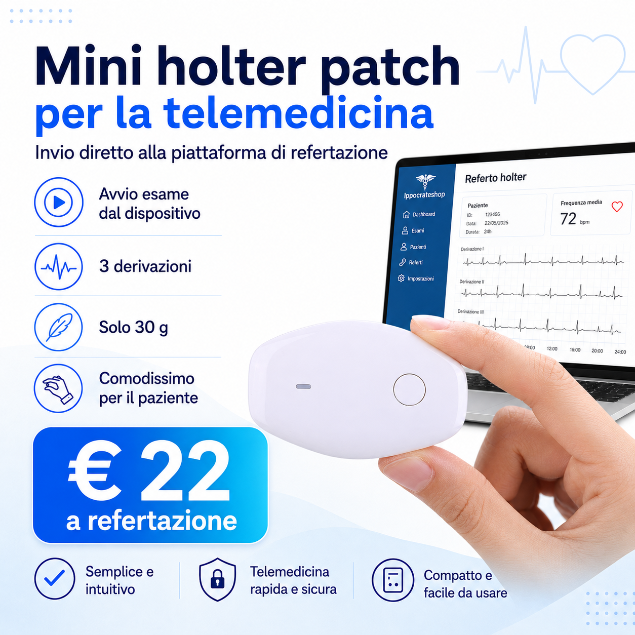 Mini Holter Cardiaco Patch a 3 derivazioni per la Telemedicina: Confortevole e leggero per il Monitoraggio Cardiaco del paziente e l’accesso alla nostra piattaforma di telerefertazioni a distanza product image